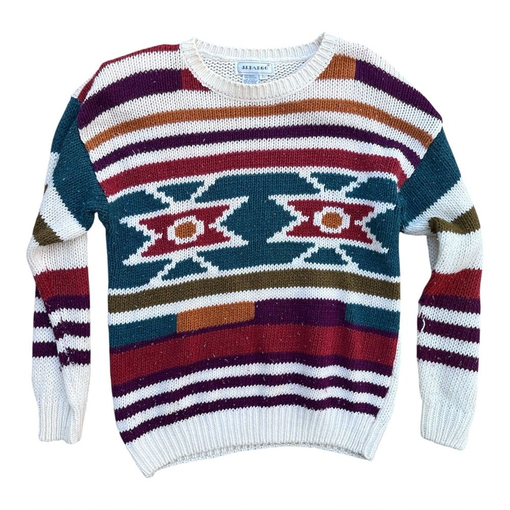 VTG J.J. Fargo Multicolor Geometric Print Knit Sweater Size L Stain On Sleeve
